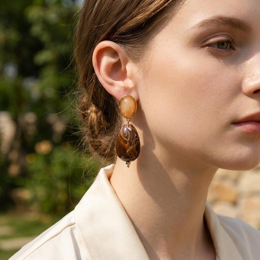 Boucles d'oreilles dorées pendantes double pierre marbré