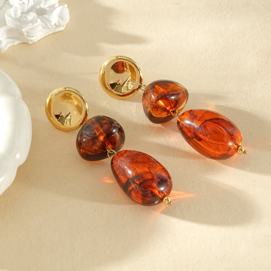 Boucles d'oreilles dorées pendantes double pierre ambré