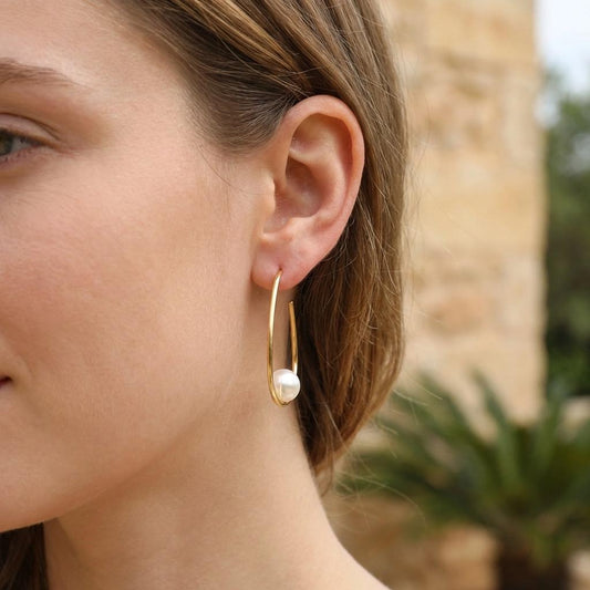 Boucles d'oreilles dorées créoles ouverte ovale avec perle