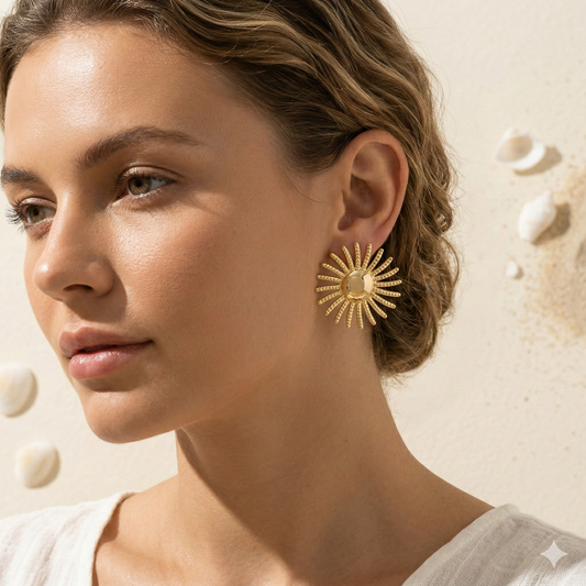 Boucles d’oreilles clous dorées grand soleil rayonnant