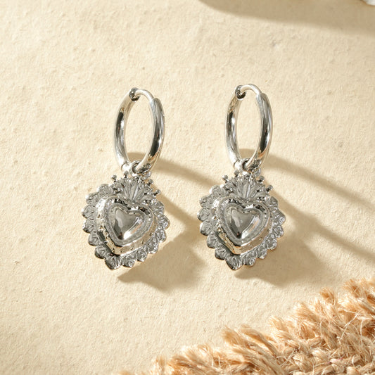 Boucles d'oreilles argentées créoles pendentif cœur ex-voto