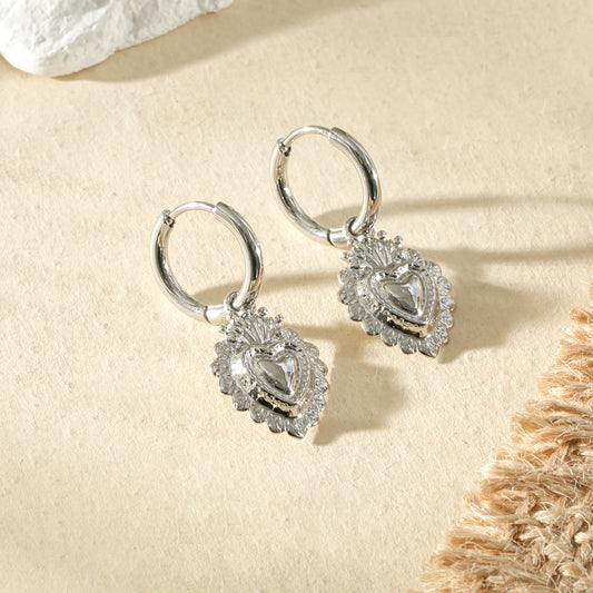 Boucles d'oreilles argentées créoles pendentif cœur ex-voto