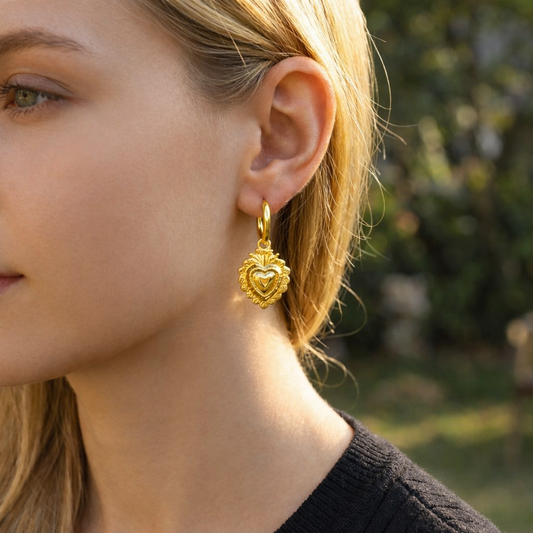 Boucles d'oreilles créoles pendentif cœur ex-voto