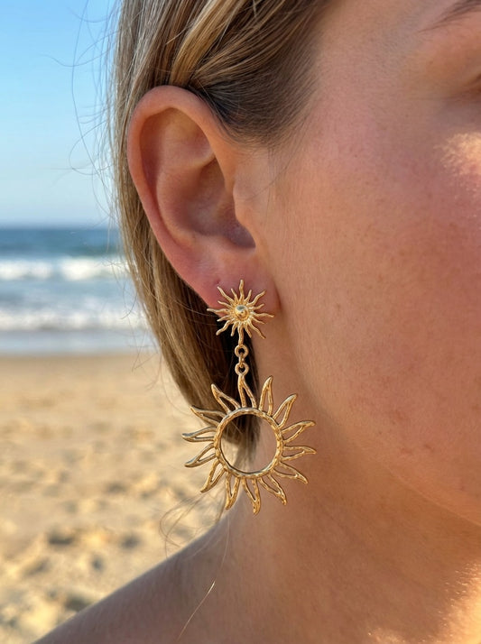 Boucles d’oreilles dorées pendantes double soleil ajouré