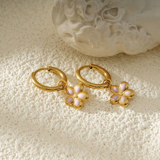 Créoles Dorées Charms Fleur Émaillée Rose