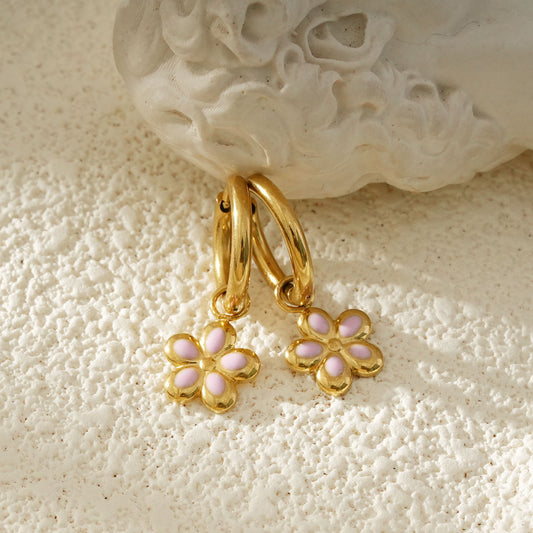 Créoles Dorées Charms Fleur Émaillée Rose