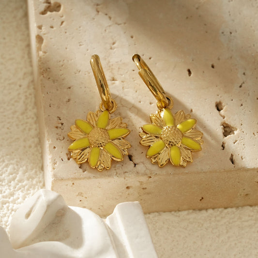 Créoles Dorées Charms Fleur Émaillée Jaune