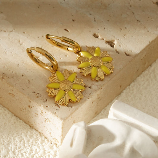 Créoles Dorées Charms Fleur Émaillée Jaune