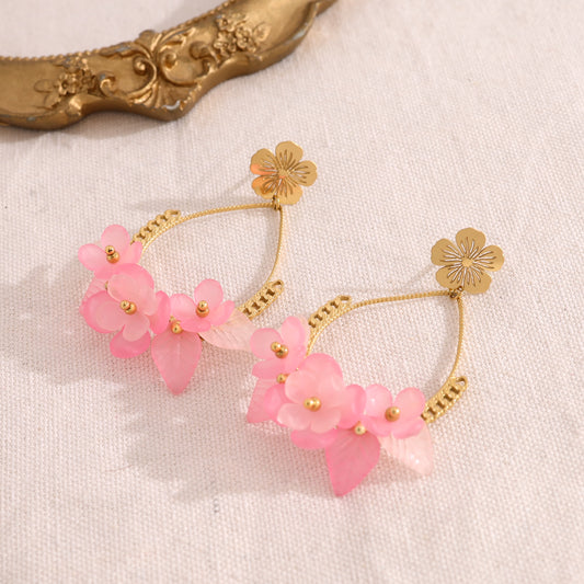 Boucles d'oreilles fleur pendante avec fleurs roses