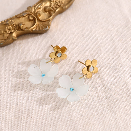 Boucles d'oreilles pendantes double fleur bleue