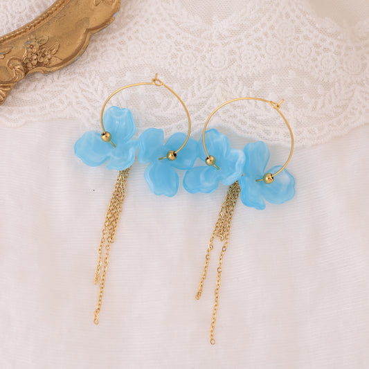 Boucles d'oreilles créoles double fleur bleue chaînes pendantes