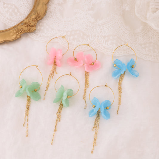 Boucles d'oreilles créoles double fleur bleue chaînes pendantes