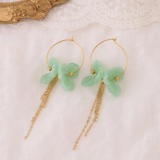 Boucles d'oreilles créoles double fleur verte chaînes pendantes