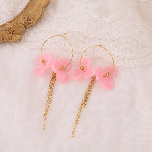 Boucles d'oreilles créoles double fleur chaînes pendantes