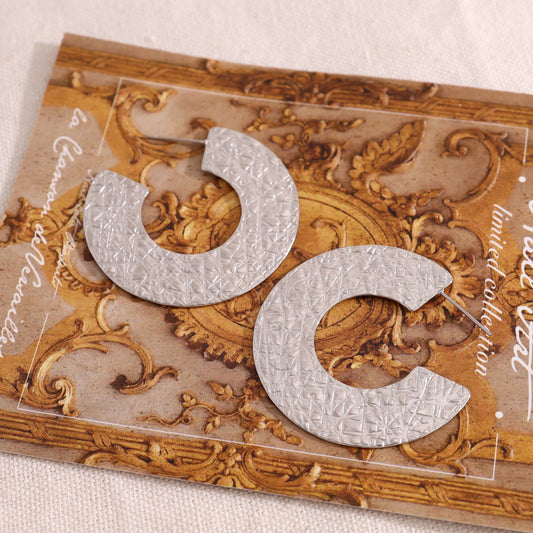 Boucles d'oreilles anneaux ronds argentés plats effet brossé brillant