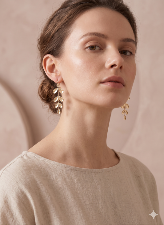 Boucles d'oreilles pendantes branche avec feuilles rondes brossées