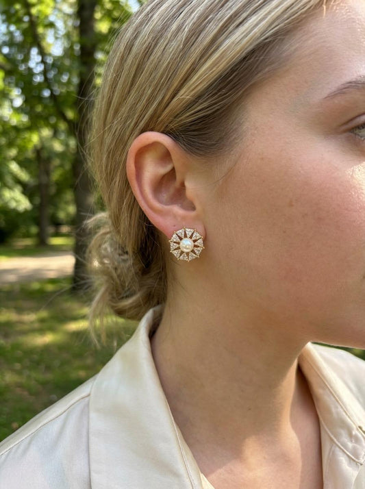 Boucles d'oreilles perle centrale ornée de strass triangulaires