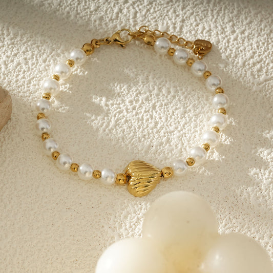 Bracelet Perles Blanches Et Coeur Doré Charme Romantique