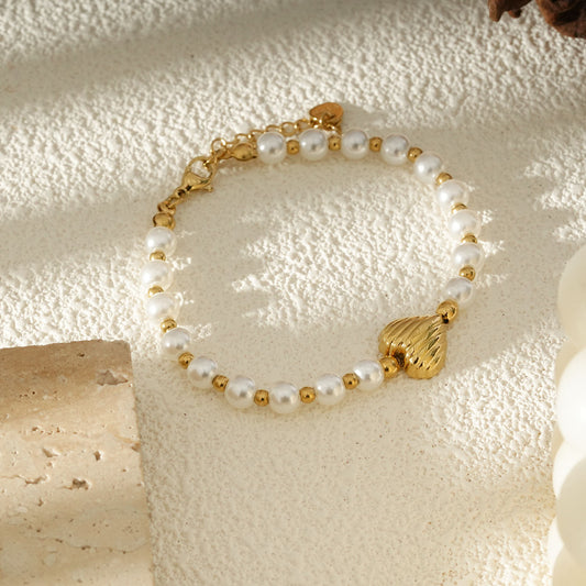 Bracelet Perles Blanches Et Coeur Doré Charme Romantique