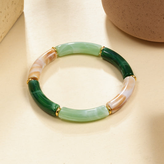 Bracelet Élastique Résine Couleur Vert Foncé et Beige