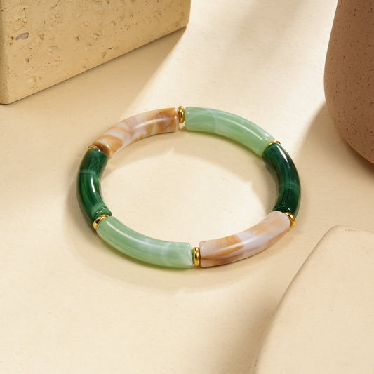 Bracelet Élastique Résine Couleur Vert Foncé et Beige