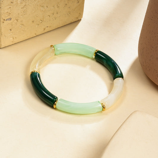 Bracelet Élastique Résine Couleur Vert Clair, Vert Foncé et Ivoire