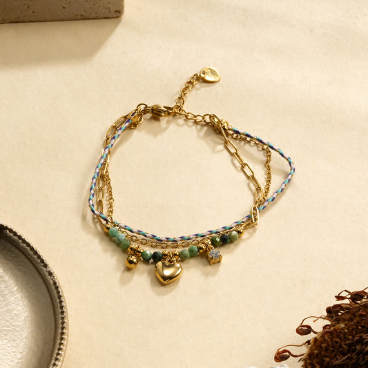 Bracelet Double Chaîne et Corde Tissée Pierres Vertes Africaines et Pendentif Cœur, Strass