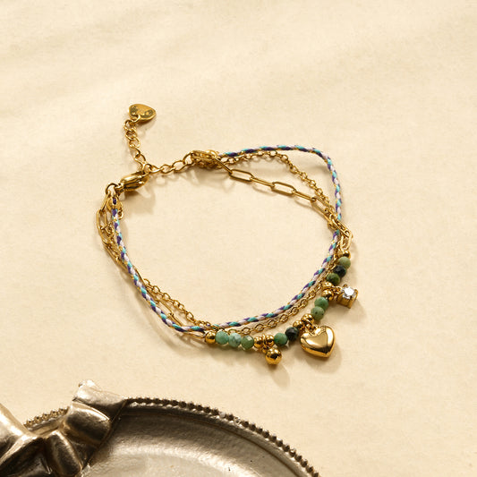 Bracelet Double Chaîne et Corde Tissée Pierres Vertes Africaines et Pendentif Cœur, Strass