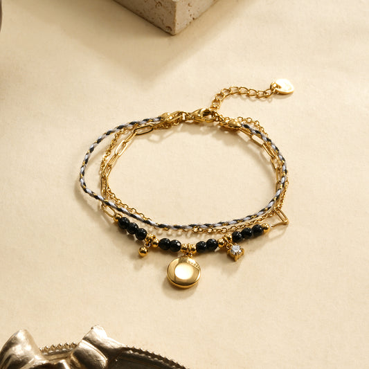 Bracelet Double Chaîne et Corde Tissée Pierres Noires et Pendentif Ronde Lisse, Strass
