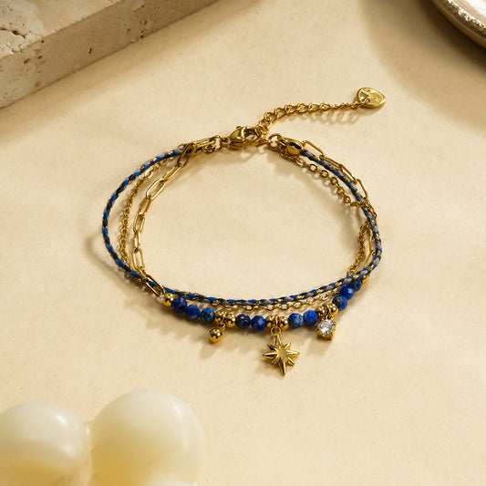 Bracelet Double Chaîne et Corde Tissée Pierres Bleues Lapis Lazuli et Pendentif Étoile, Strass