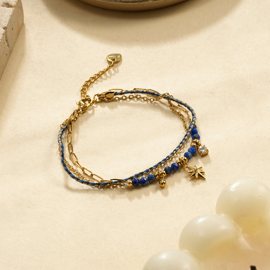 Bracelet Double Chaîne et Corde Tissée Pierres Bleues Lapis Lazuli et Pendentif Étoile, Strass