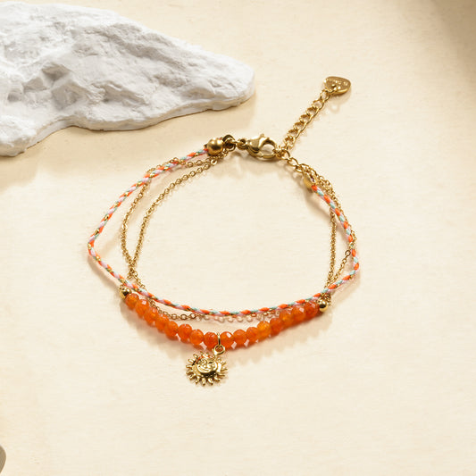Bracelet doré triple chaîne fil orange pendentif soleil