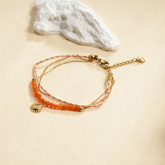 Bracelet doré triple chaîne fil orange pendentif soleil