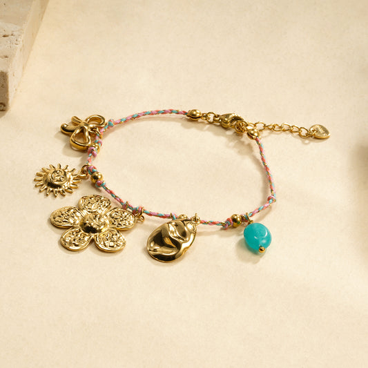 Bracelet cordon rose breloques fleur nœud