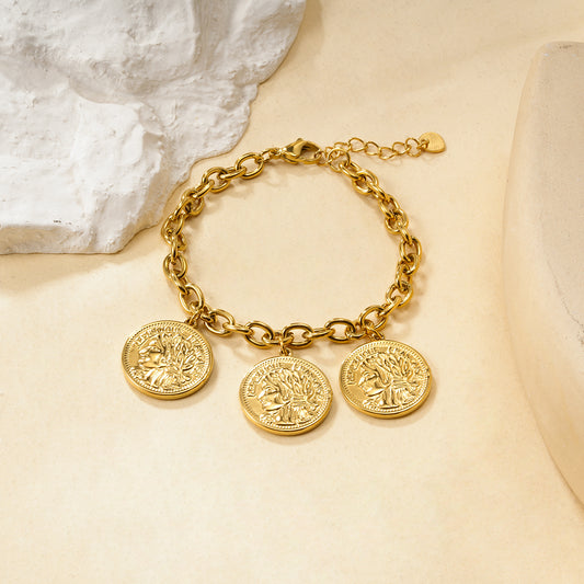 Bracelet chaîne dorée à pampilles médaillons gravés style pièce antique