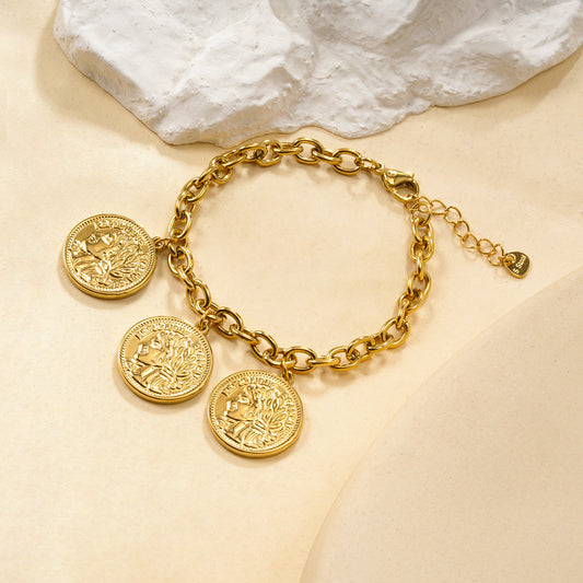 Bracelet chaîne dorée à pampilles médaillons gravés style pièce antique