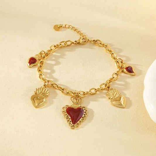 Bracelelet chaîne dorée pendentifs cœurs ex-voto émail rouge