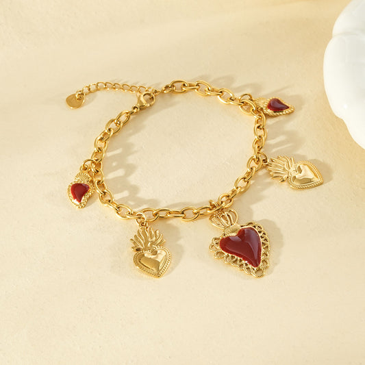 Bracelelet chaîne dorée pendentifs cœurs ex-voto émail rouge