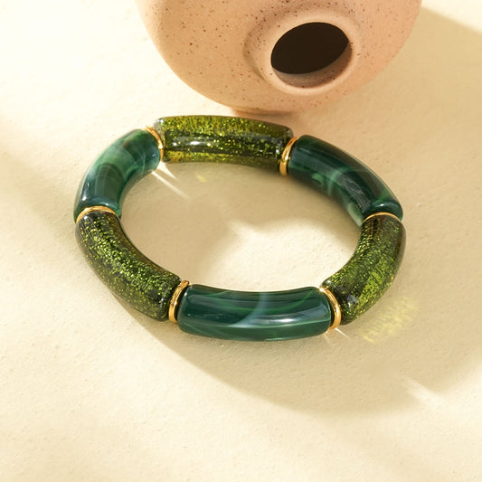 Bracelet élastique segments résine vert et pailletée séparateurs dorés