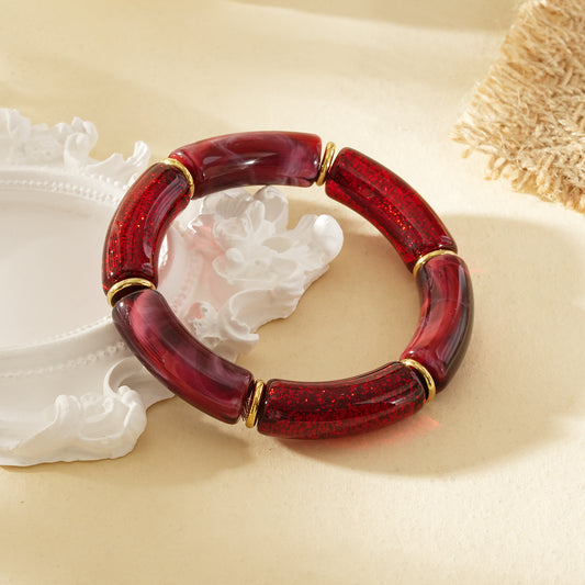 Bracelet élastique segments résine bordeau et pailletée séparateurs dorés