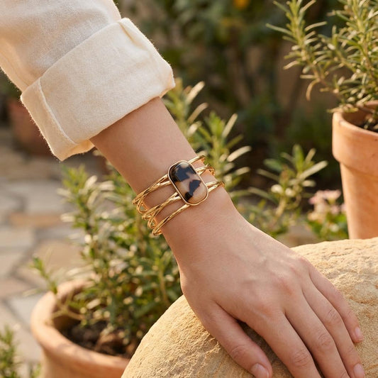 Bracelet manchette 5 branches entrecroisées ovale résine léopard