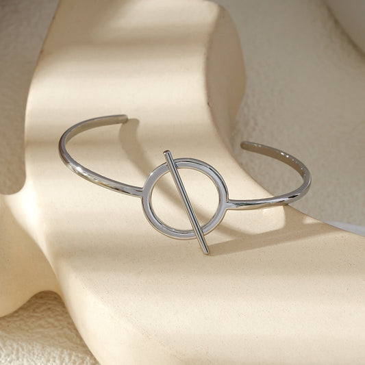 Bracelet Jonc Fin Rigide Ouvert Fermoir T-Bar Argenté