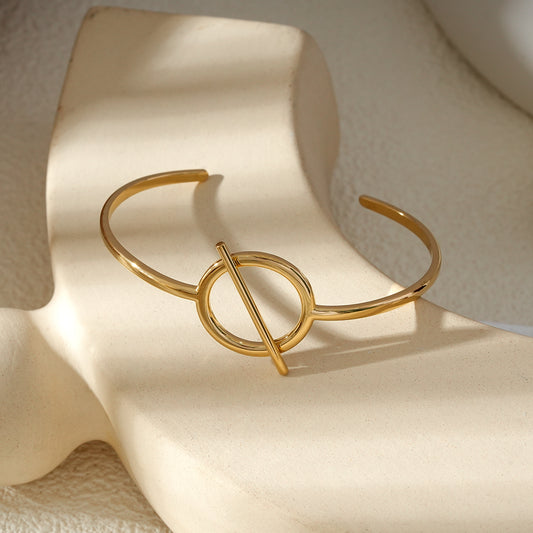 Bracelet Jonc Fin Rigide Ouvert Fermoir T-Bar Doré