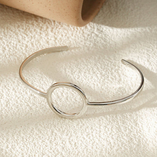 Bracelet Jonc Ouvert Argenté Minimaliste Avec Cercle Central