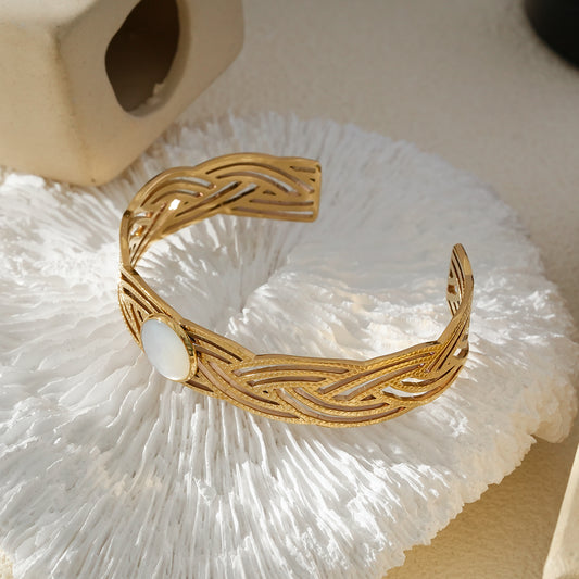 Bracelet Manchette Doré Dentelle Et Pierre Nacrée Blanche