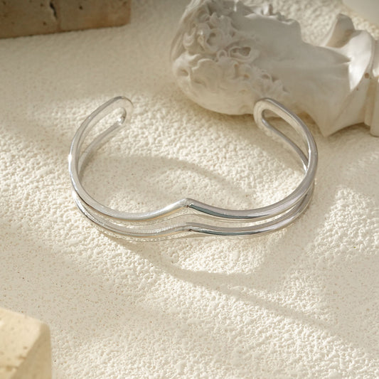 Bracelet Jonc Ouvert Argenté Double Vague Ondulé