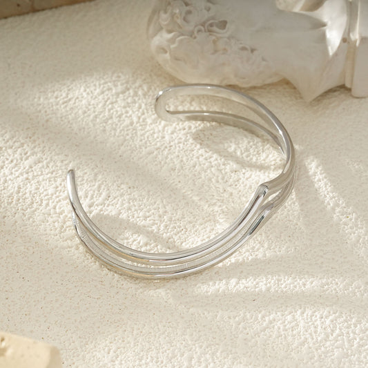 Bracelet Jonc Ouvert Argenté Double Vague Ondulé