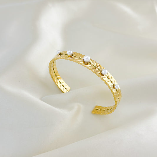 Bracelet Jonc Doré Feuilles De Laurier Avec Perles