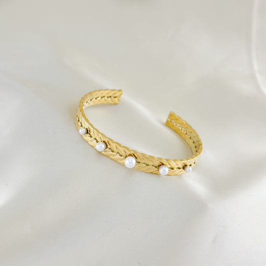 Bracelet Jonc Doré Feuilles De Laurier Avec Perles