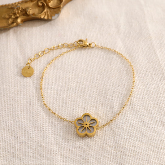 Bracelet Doré Fleur de Prunier Incrustée de Pierre Nacre Blanche